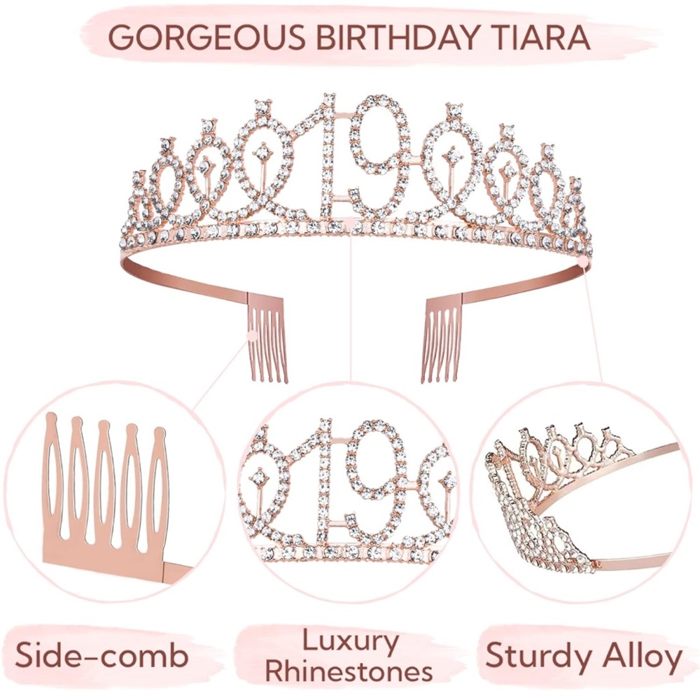 Bella Meri 19th Birthday Gifts for Women, 19th Birthday Tiara Crown, Sash, NEW